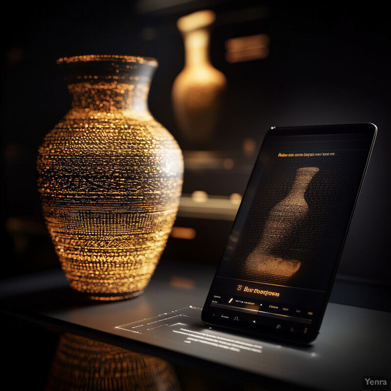 An ancient vase on display in a museum or gallery setting.