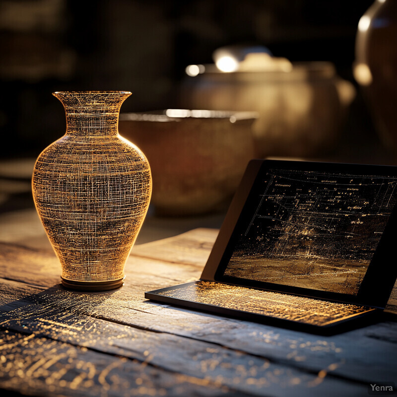 A gold vase with intricate patterns and a gold etched object are placed on a table in a dark setting.