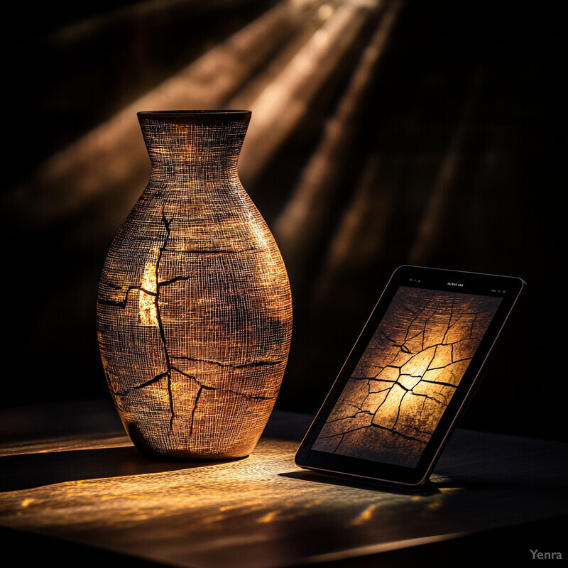 A large vase with cracks sits next to a tablet displaying an image of the same vase without damage.