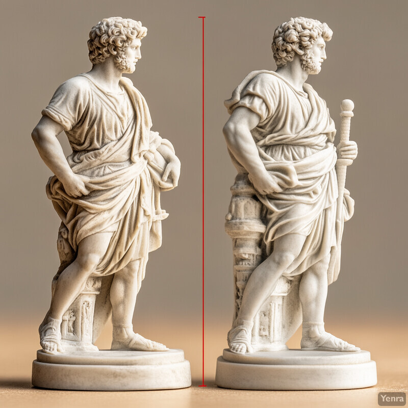 Two marble statues of men with curly hair and beards, positioned side by side and facing left.