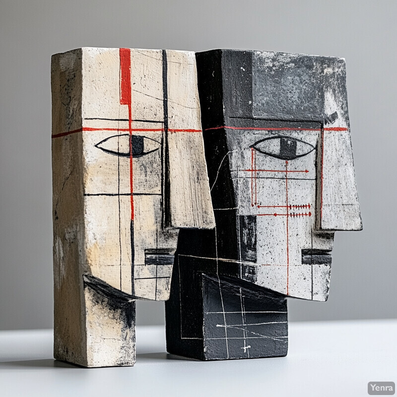 Two abstract sculptures of faces crafted from blocks of stone or concrete, showcasing an artistic representation of human visages in a minimalist style.