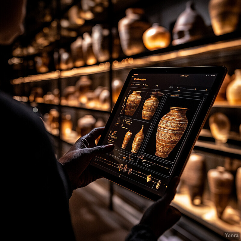 A person views a virtual model of an ancient Egyptian artifact using augmented reality technology in a museum or gallery setting.