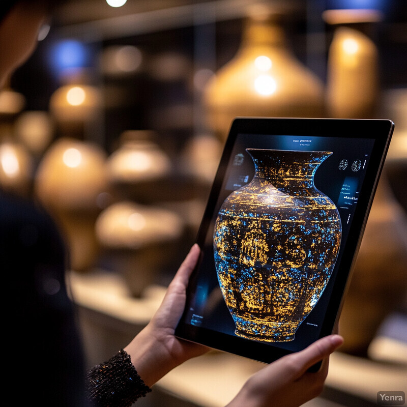 A person holds an iPad displaying a digital representation of a vase in front of a collection of gold or bronze vases.