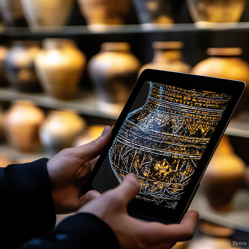 An individual interacts with a digital rendering of an ancient artifact on their tablet, set against the backdrop of a museum or gallery.