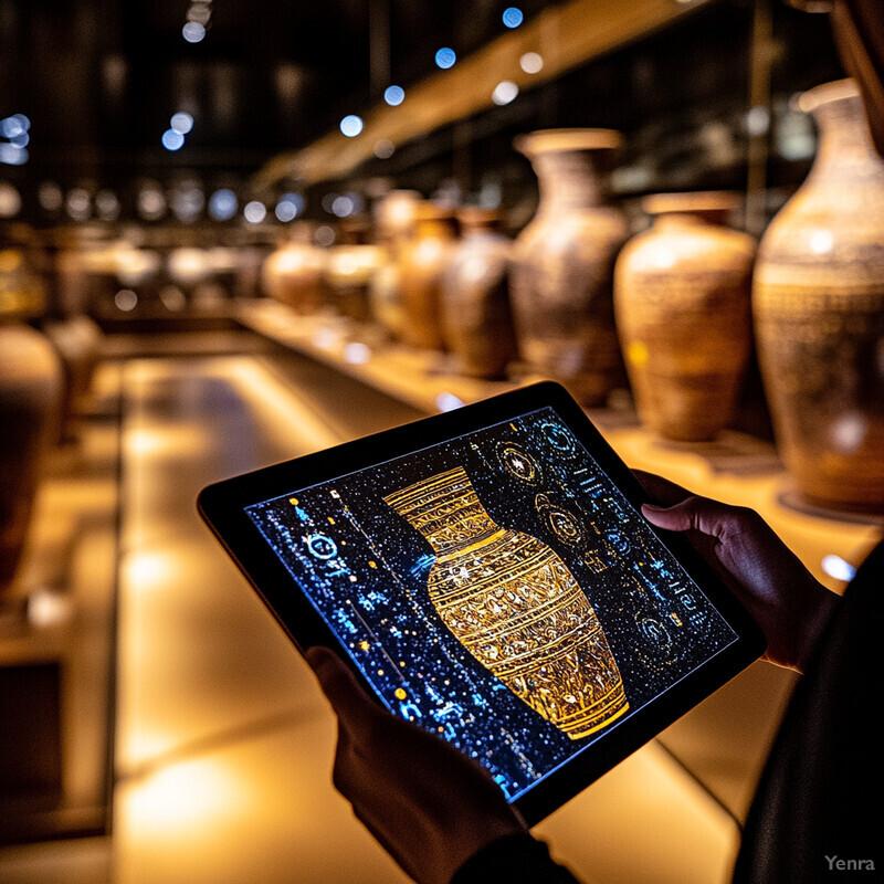 An individual explores ancient artifacts through an interactive tablet display in a museum setting.