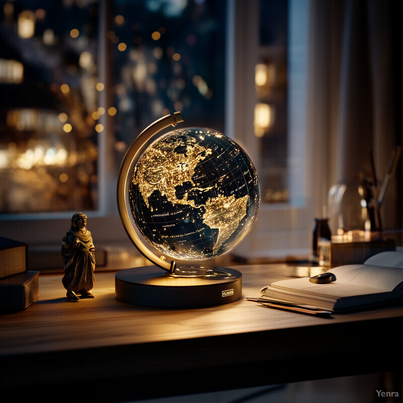 A desk with a lit-up globe and books, in an office or study setting.