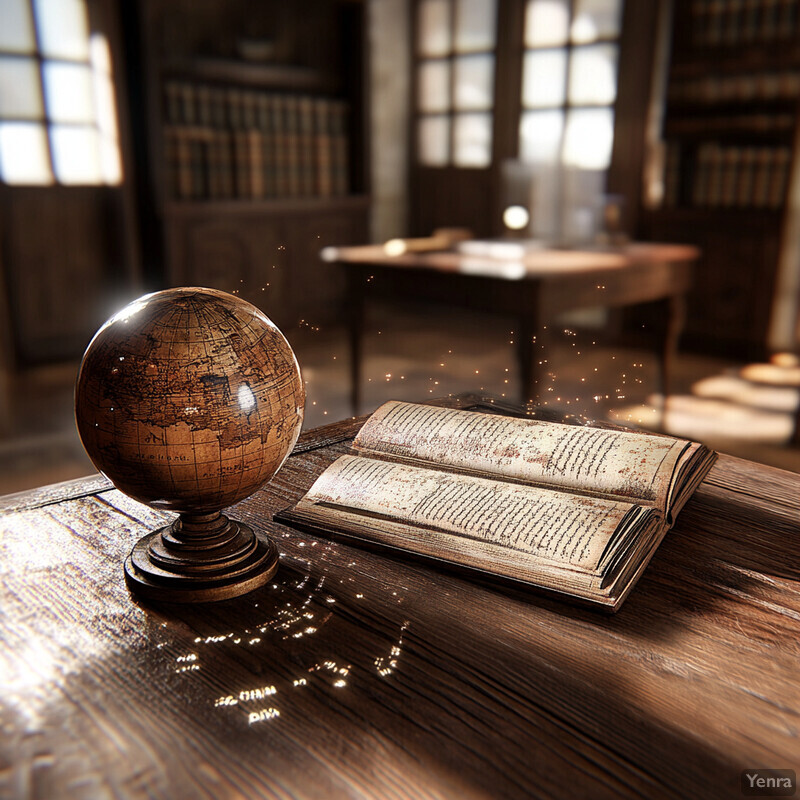 An old globe and book on a wooden table in a library setting.