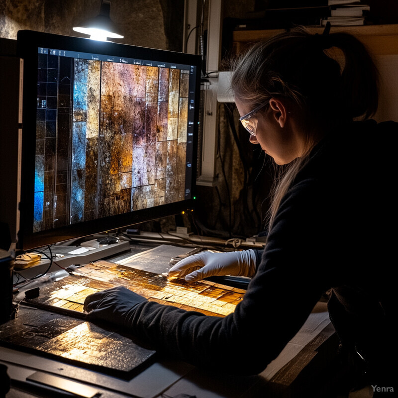 A woman in a dark room is intently focused on examining a sample under a microscope, surrounded by various objects and tools related to material composition analysis.