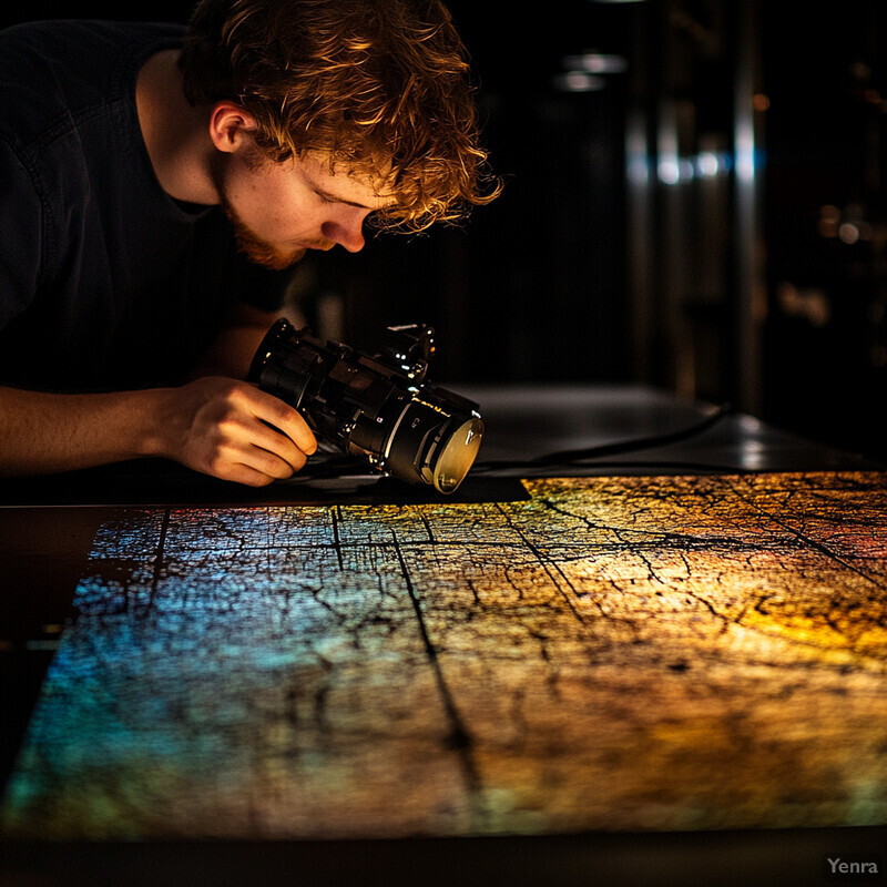 A man examines an illuminated map or chart on a wooden table using a camera.