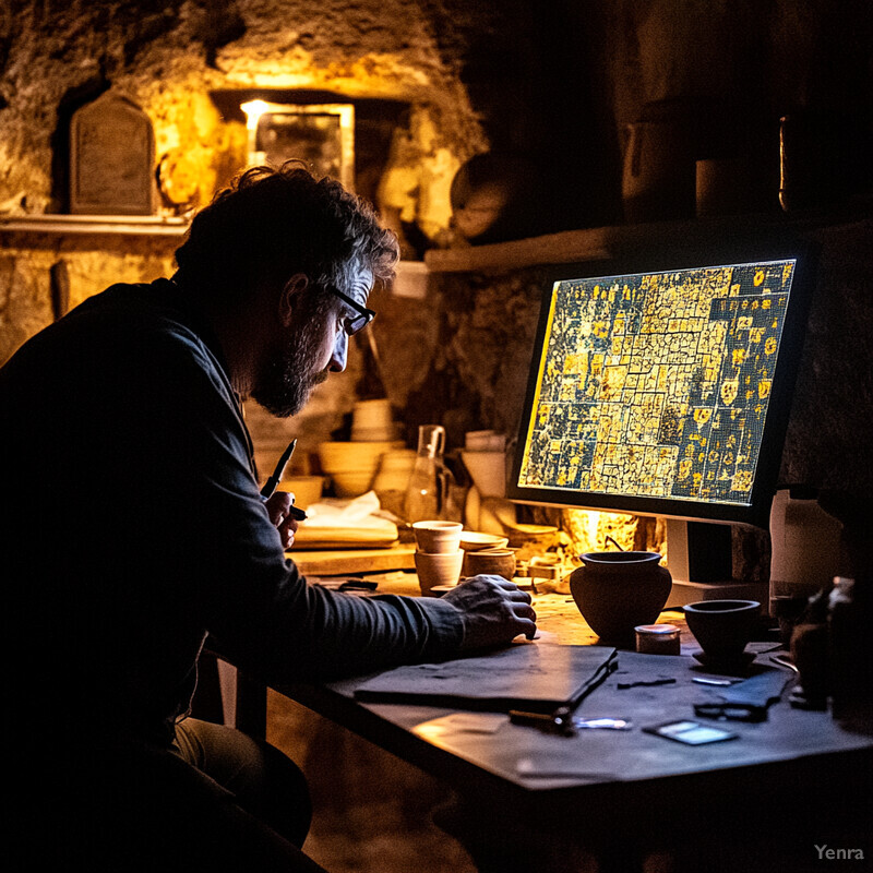 A man is intently focused on a computer monitor displaying a grid pattern with yellow markings, surrounded by cluttered desk and shelves in what appears to be an attic or storage room.