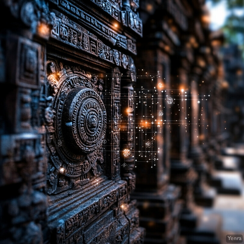 An intricately carved stone wall adorned with symbols and patterns, possibly illuminated from within.