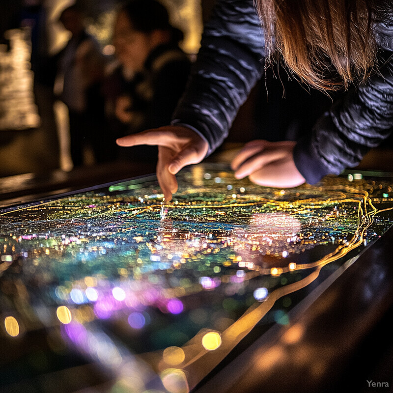 A woman admires an illuminated table with a cityscape or map-like display of lights.