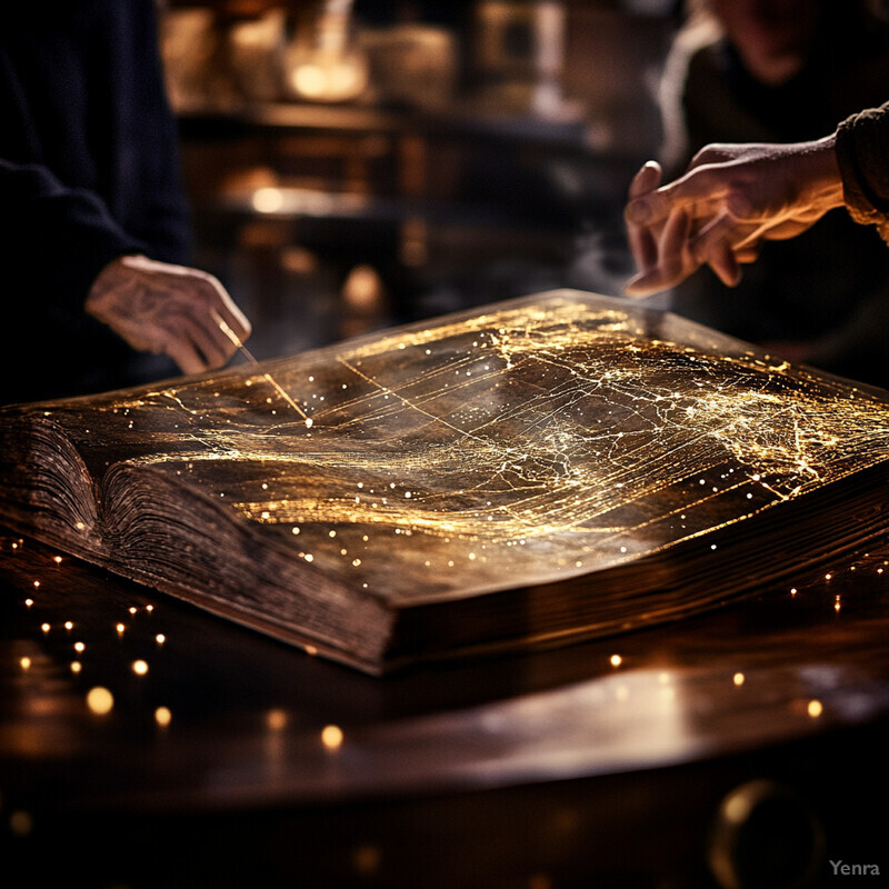 An old, leather-bound book with gold filigree on its cover is open on a table in a dimly lit room.