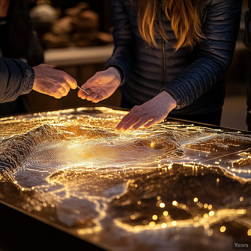 Two individuals interact with a 3D topographic map illuminated from within, set against a darkened backdrop with other people present.