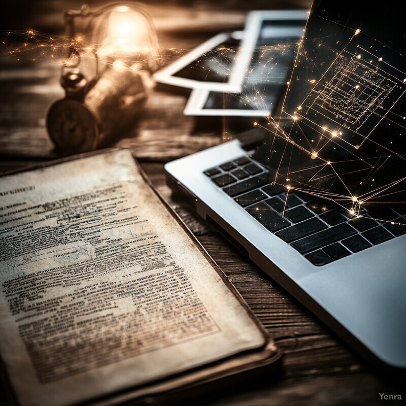 A person is engaged in research or study at their desk, surrounded by various tools and materials.