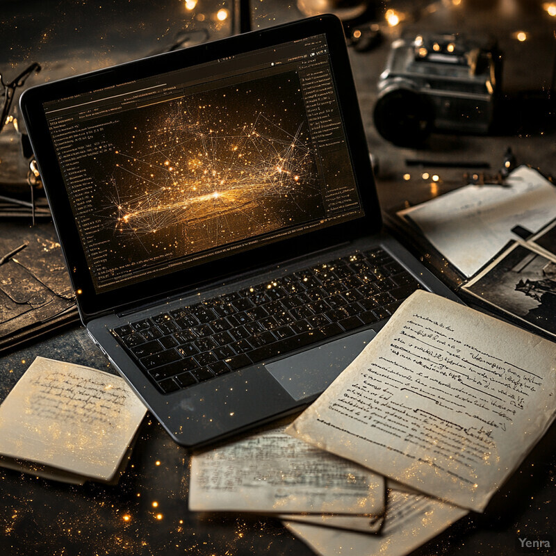 A laptop on a cluttered desk with scattered papers and an old camera in the background.