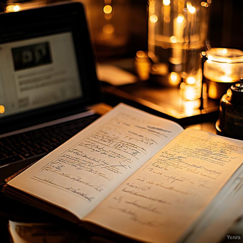 An open book with handwritten notes lies on a desk in a dark room.