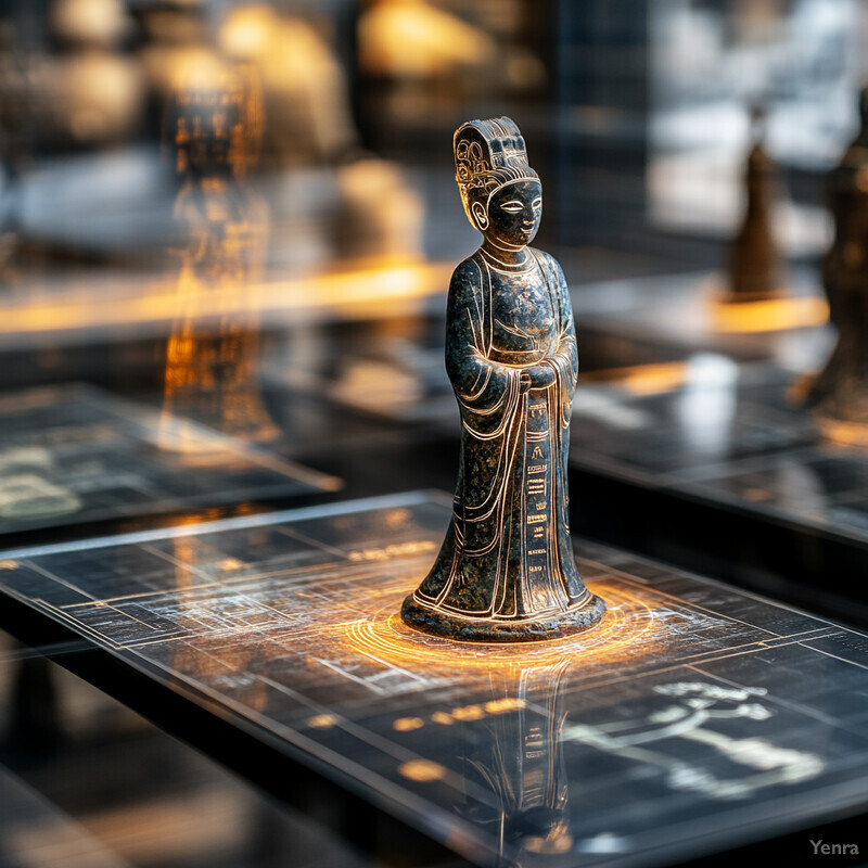 An ancient bronze statue of a woman in traditional Chinese attire is displayed on a glass table in a museum or cultural center.