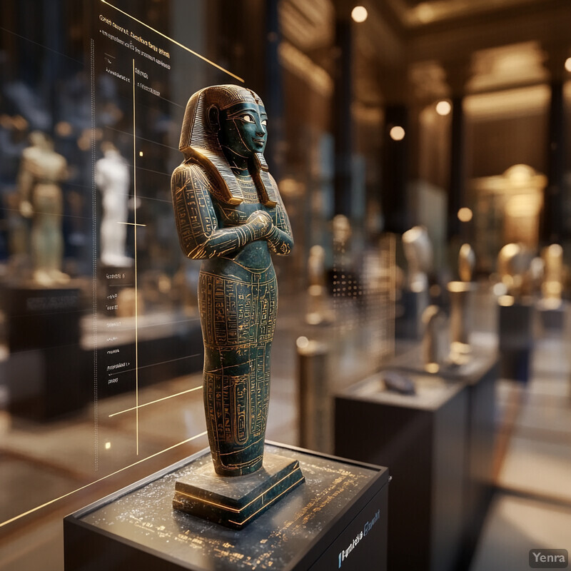 An Egyptian statue on display in a museum setting, featuring intricate gold accents and standing alone on a pedestal.