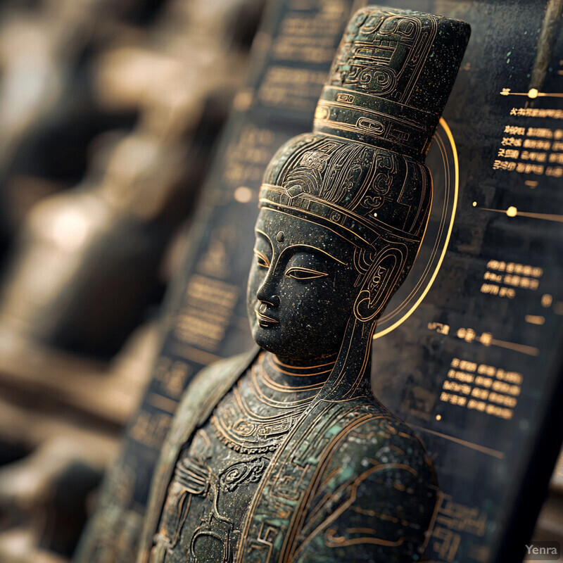 An intricately carved stone statue of a person in traditional Chinese attire, set against a blurred museum or gallery background.