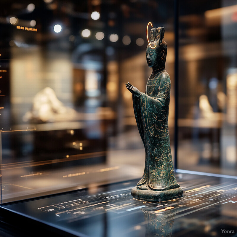 An intricately designed statue of a person in traditional attire, likely from ancient China or Japan, on display in a museum.