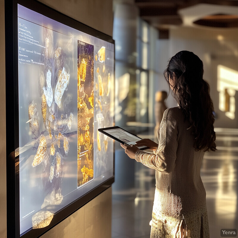 A woman is engaged with an interactive display in a museum or art gallery setting.