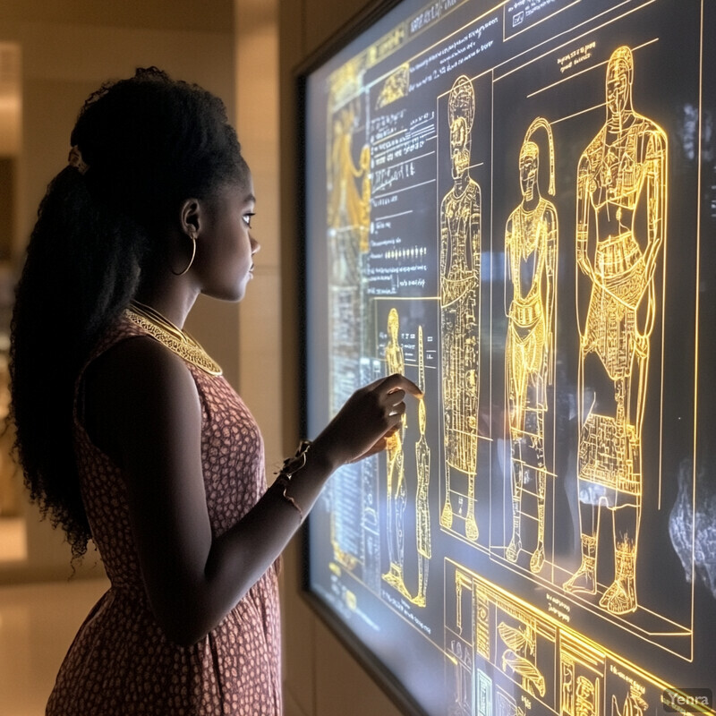 A woman examines ancient artifacts on display in a museum or gallery exhibit.