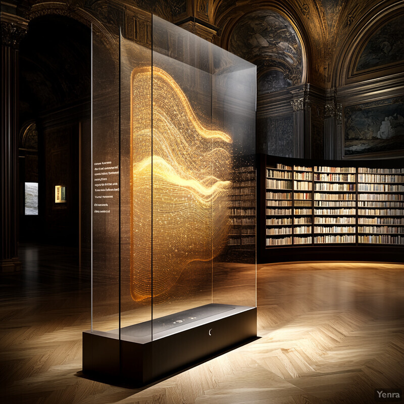 An interactive display featuring a gold-colored topographic map-like design on a transparent screen in a dimly lit museum or library setting.