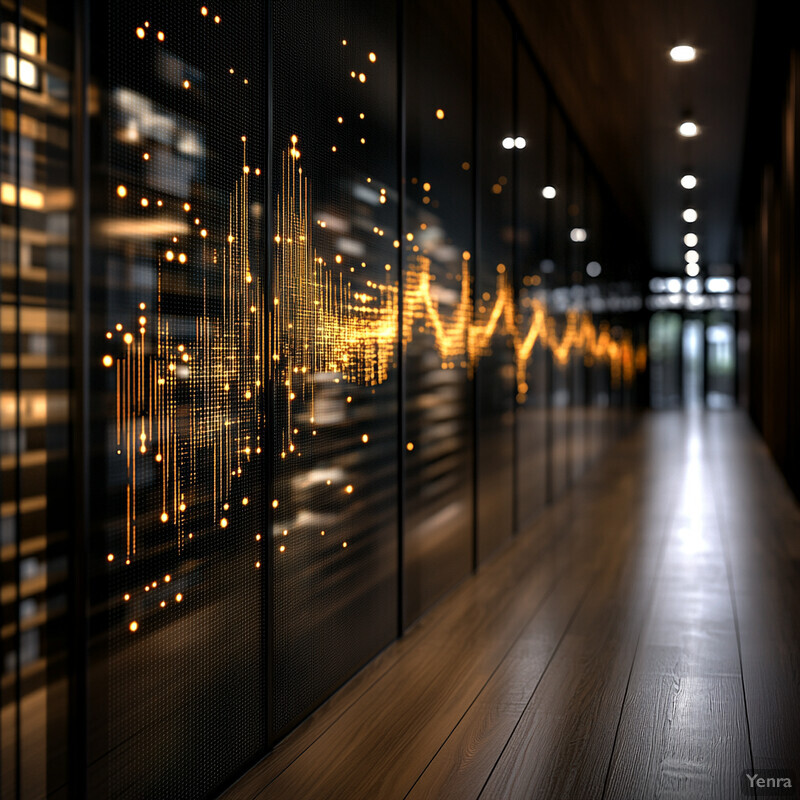 A modern office building hallway featuring digital graphics on the walls and a light brown wooden floor.