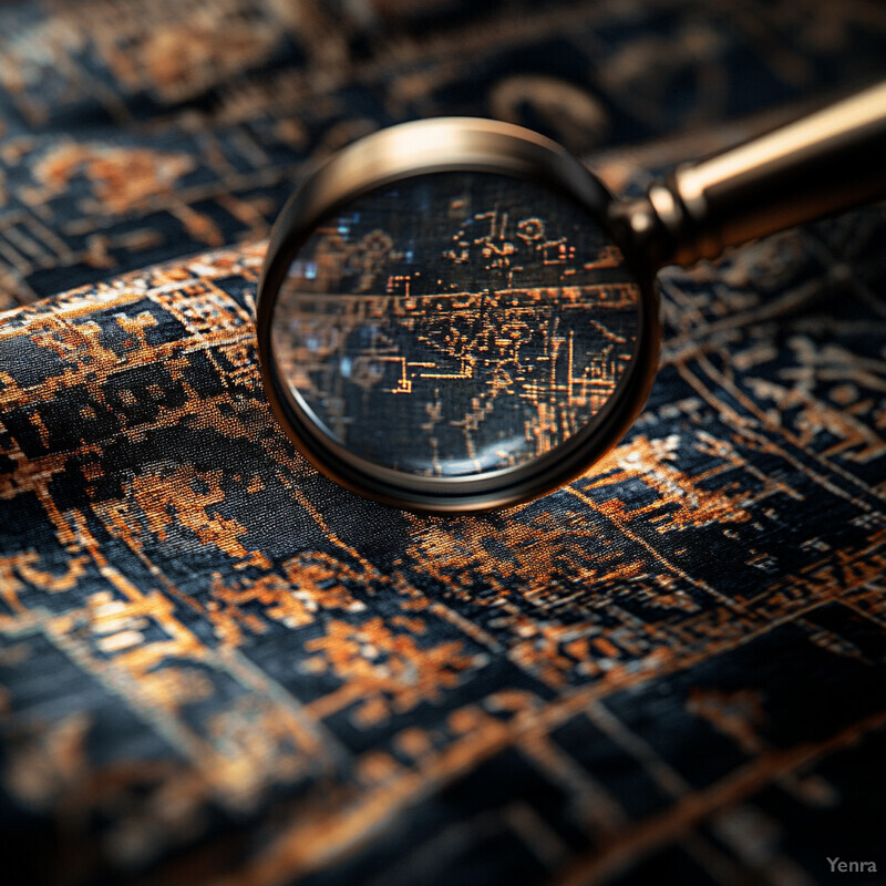 A close-up view of a magnifying glass placed on top of a fabric featuring an intricate gold pattern against a black background, with the magnifying glass dominating the composition and reflecting the gold pattern below it.