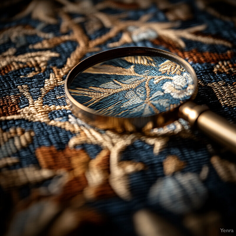 A magnifying glass is placed on top of an intricately patterned fabric or carpet, showcasing a blend of blue, brown, and white hues.