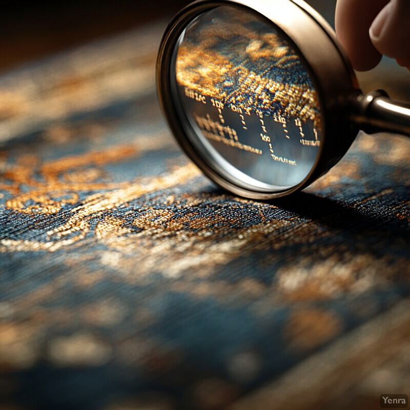 A person uses a magnifying glass to examine an intricate gold and black pattern on a piece of fabric or carpet.