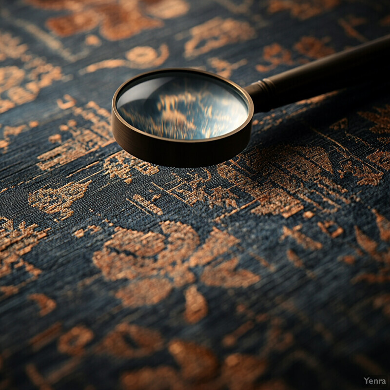 A magnifying glass rests on a heavily patterned fabric.