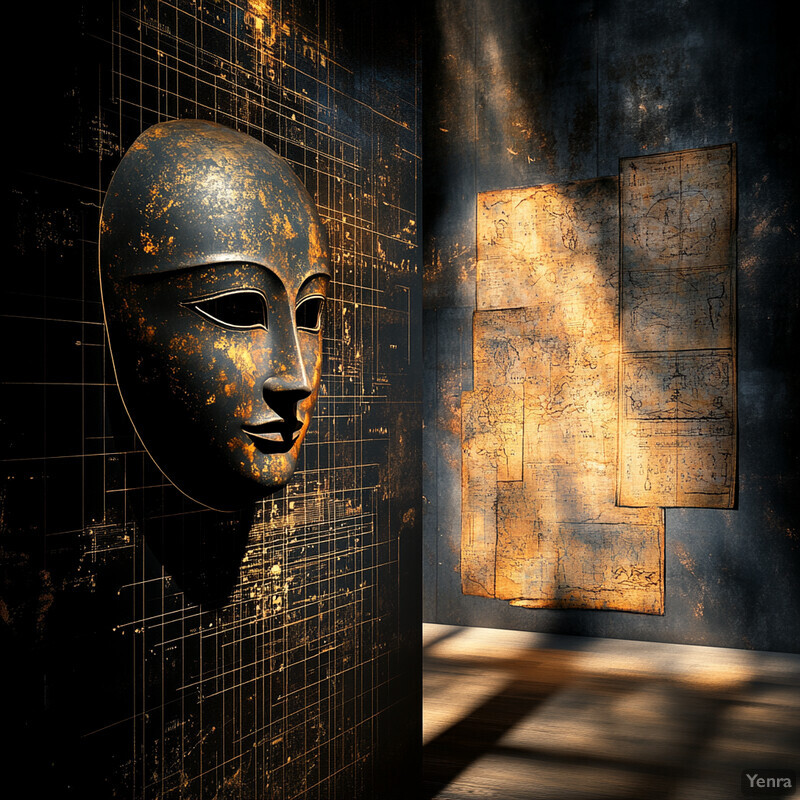 An artistic composition featuring a large, gold-speckled black mask and three rectangular pieces of parchment on an indoor wall.