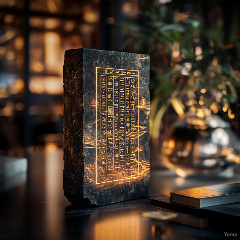 A stone slab with an etched inscription on its surface sits in front of a blurred background, possibly indoors near bookshelves and plants.