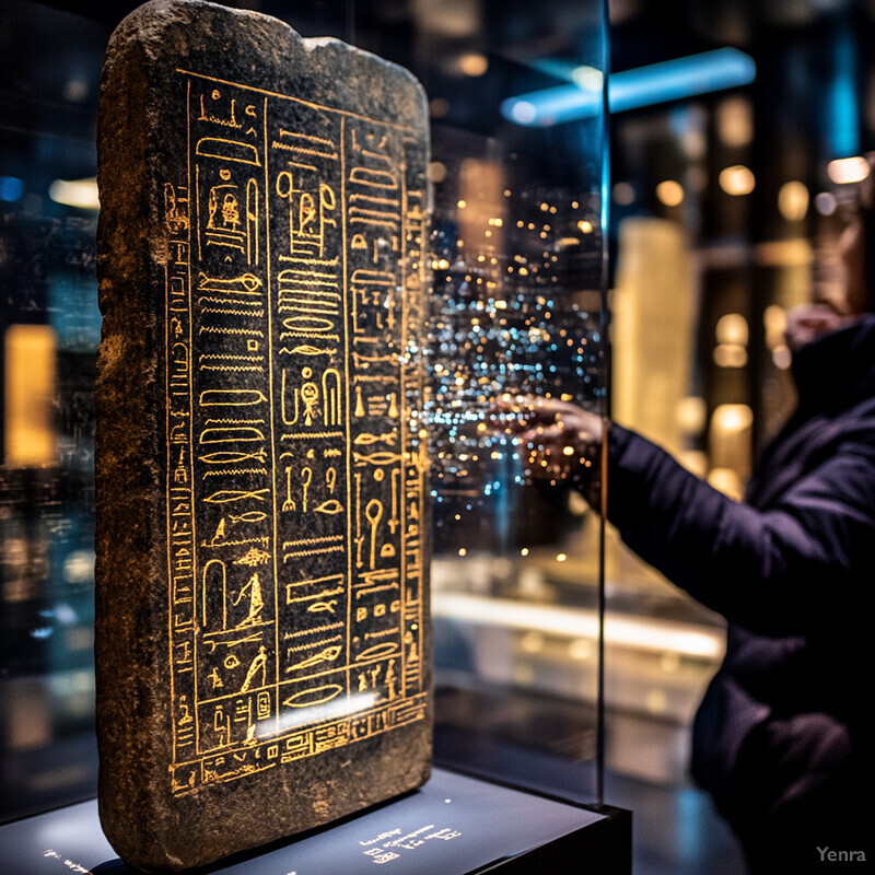 An ancient Egyptian artifact on display in a museum, featuring intricate hieroglyphics and symbols.