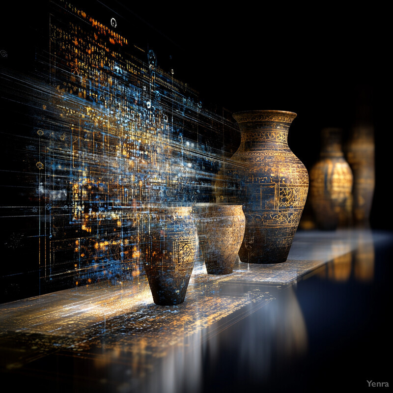 A virtual reconstruction of fragmented artifacts featuring five intricately designed vases arranged on a stone-like surface against a black background.