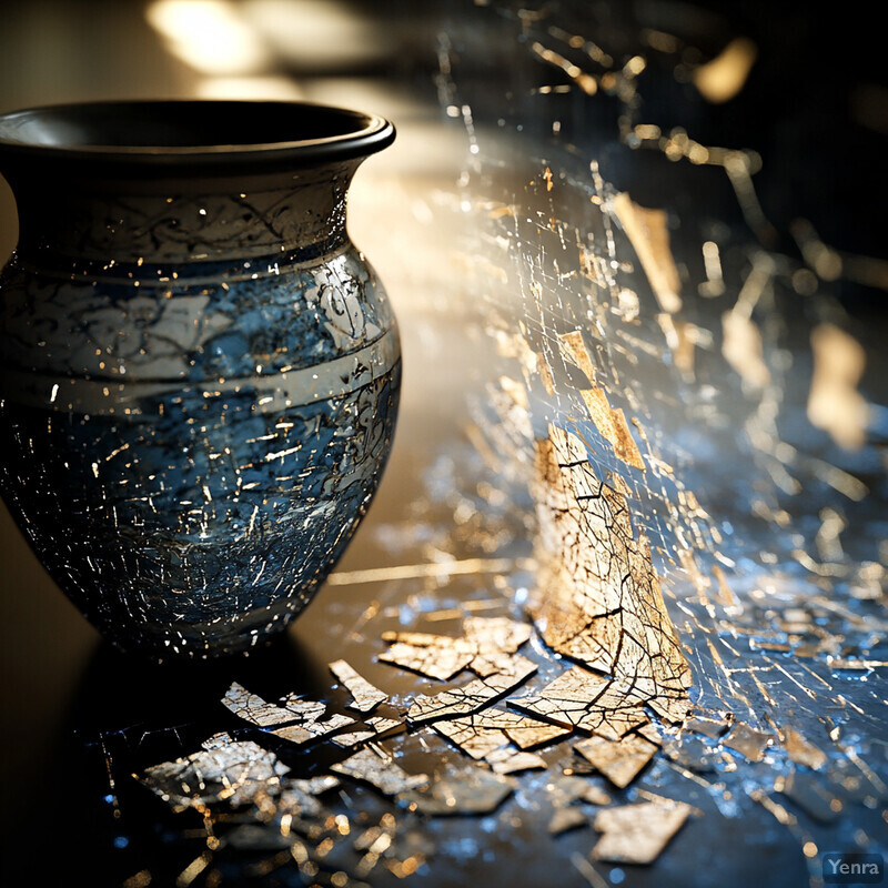 A blue and black vase with gold accents lies broken on a table or flat surface.