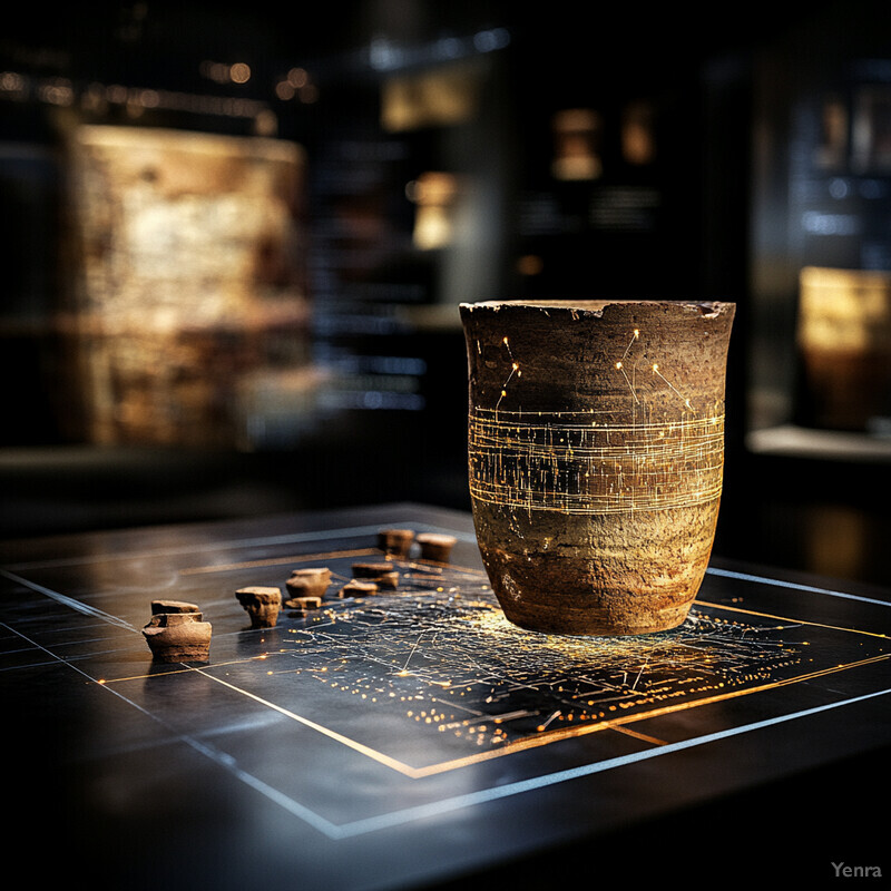 Virtual reconstruction of fragmented artifacts on a table in a dimly lit room, possibly part of an exhibit showcasing ancient civilizations or historical relics.