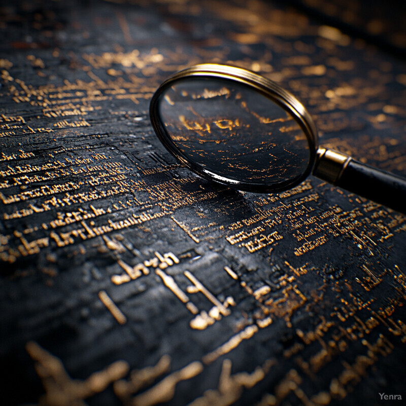 A magnifying glass sits atop a textured surface adorned with gold accents and text.