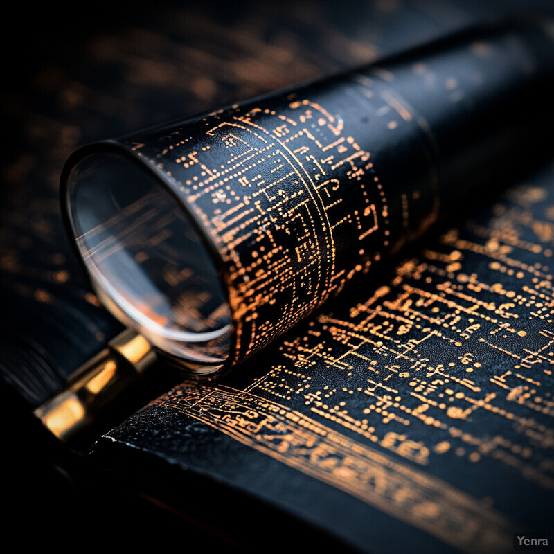 A magnifying glass is placed over a circuit board design on an office desk.