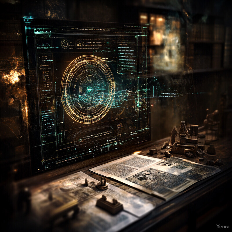 A futuristic-looking graphic on a screen in a dark room, surrounded by papers and tools.