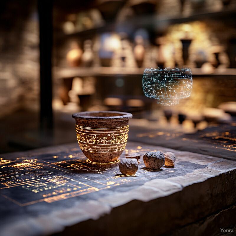 An image of an ancient artifact identification and classification room, featuring a stone cup with gold accents and several natural stones on display.