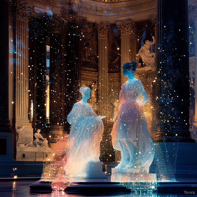 Two statues of women standing in front of a grand building with columns and archways.