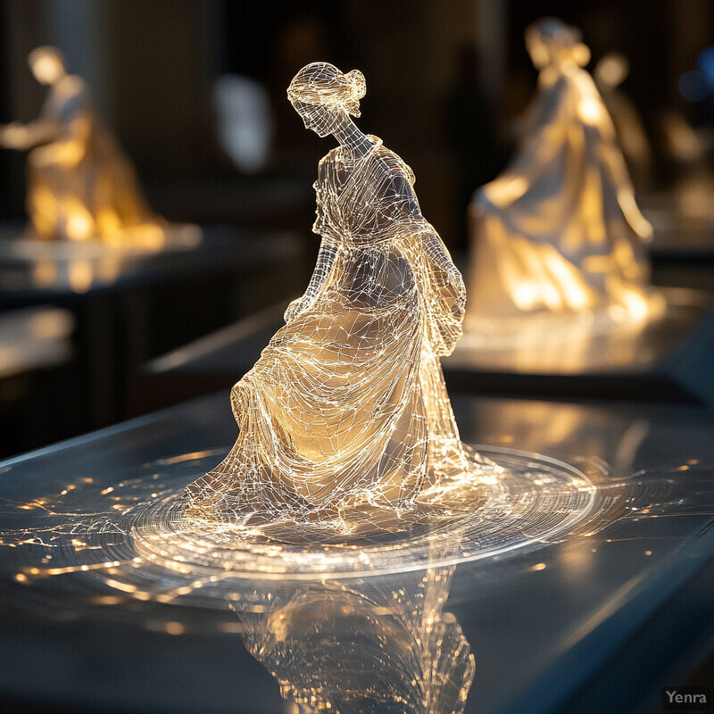 An installation of three glass sculptures depicting women in flowing dresses, each with unique facial features and hairstyles, illuminated from within and arranged on pedestals.