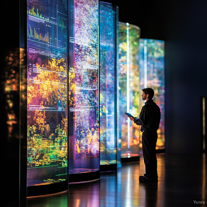 A man is standing in front of multiple screens displaying visualizations.