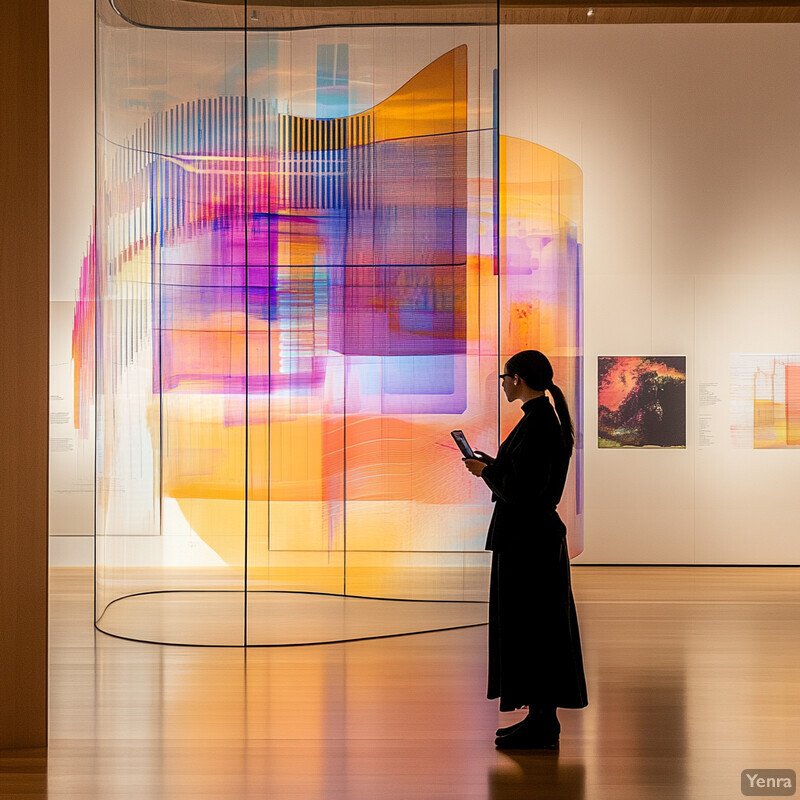 A woman stands in an art gallery or museum, surrounded by artwork and using a tablet to access information.