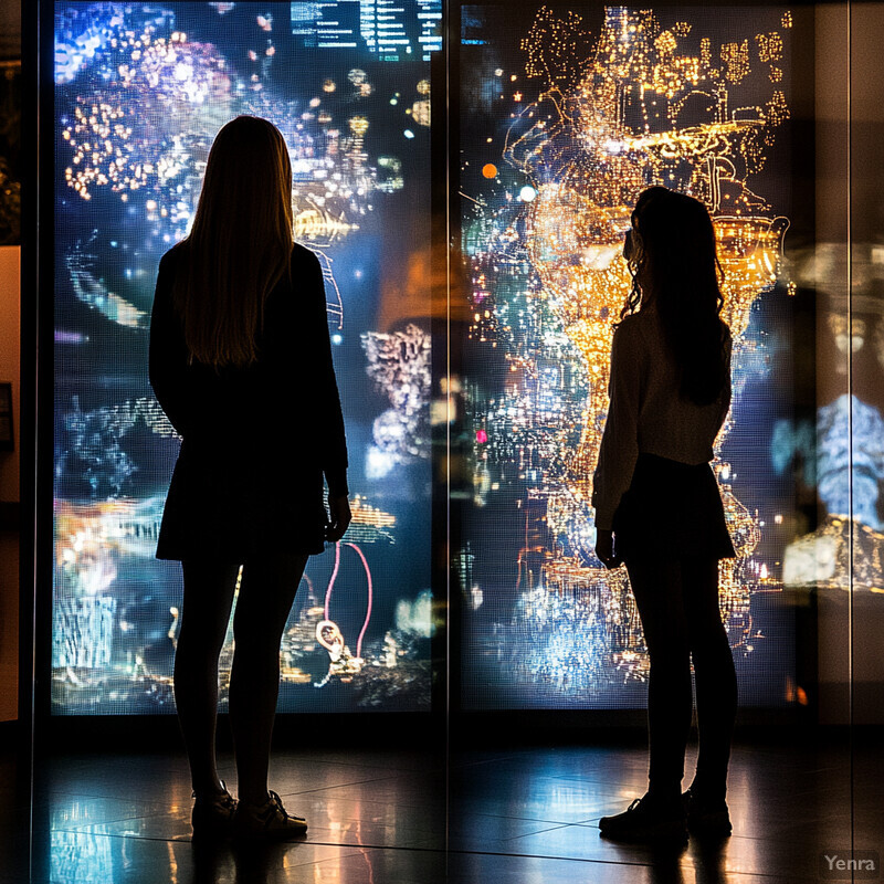 Two women stand in front of large screens displaying abstract designs.