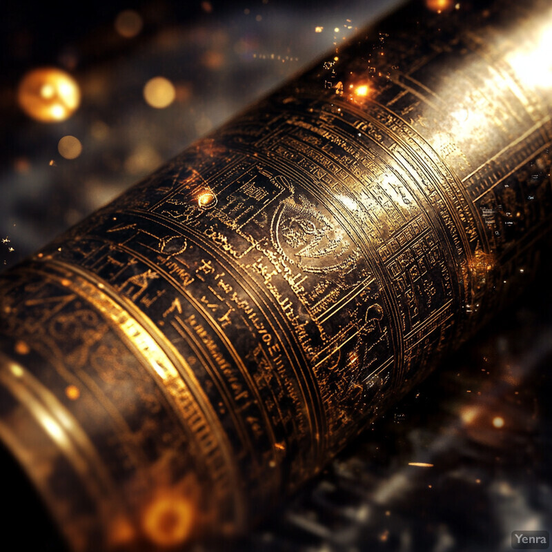 A close-up view of a gold etched cylindrical object with intricate designs.