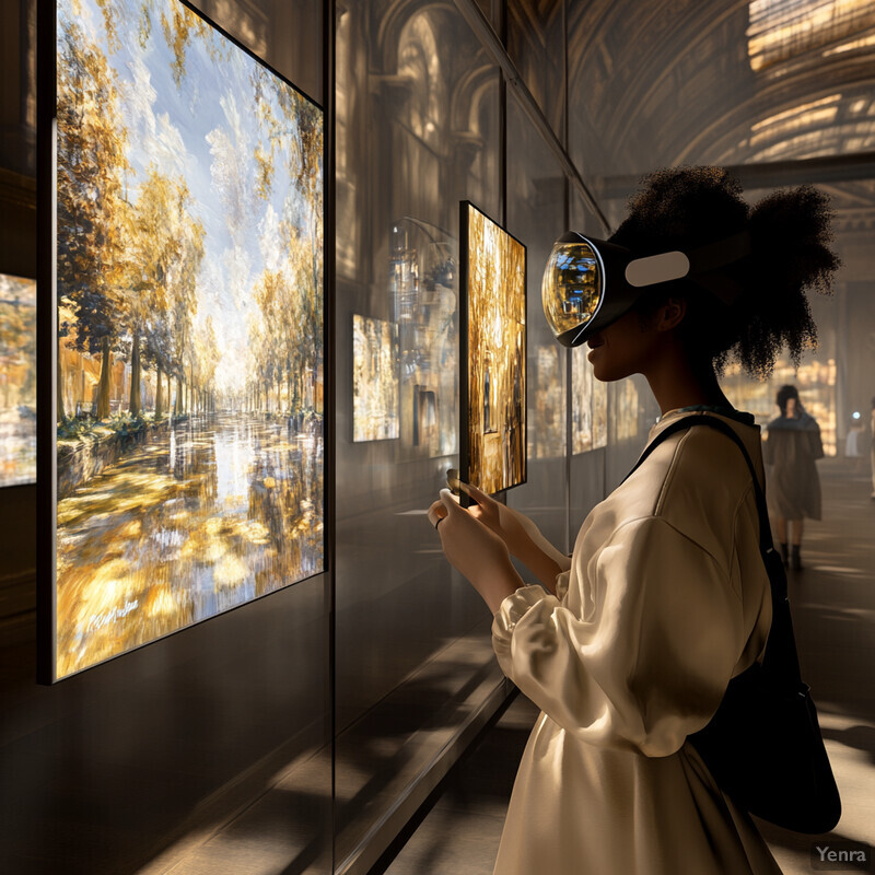 A woman wearing virtual reality goggles stands in front of a wall with large screens displaying various artistic pieces.